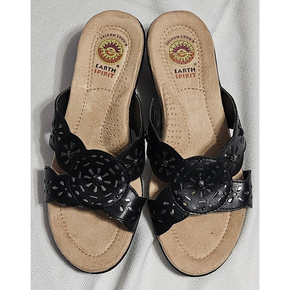 Earth Spirit Maddy Sandals Wedge Slip On Slide Floral Cut‎ Outs Womens Size 7.5